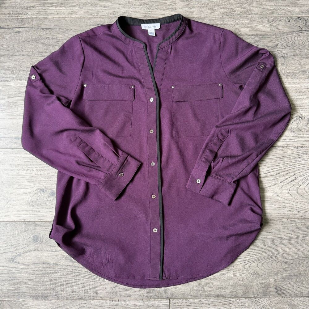 Calvin Klein Women's Purple Roll-Tab Sleeve Utility Blouse - Size‎ Large